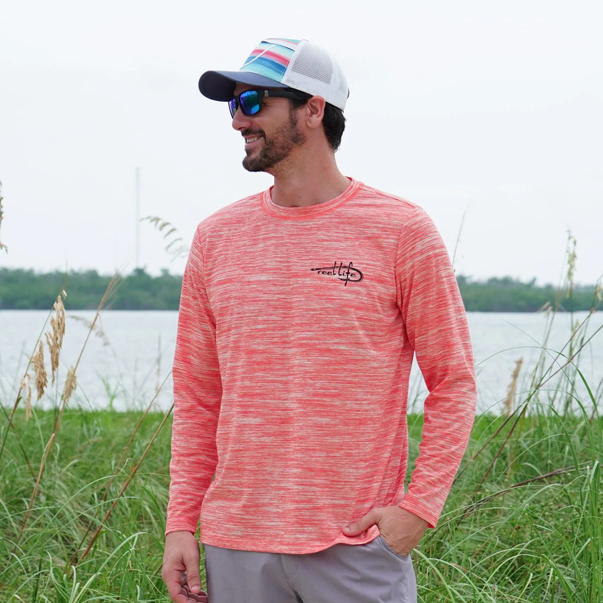 Reel Life Coastal Performance Beach Bound Bronco Long Sleeve Shirt- Spicy Orange - Image 3