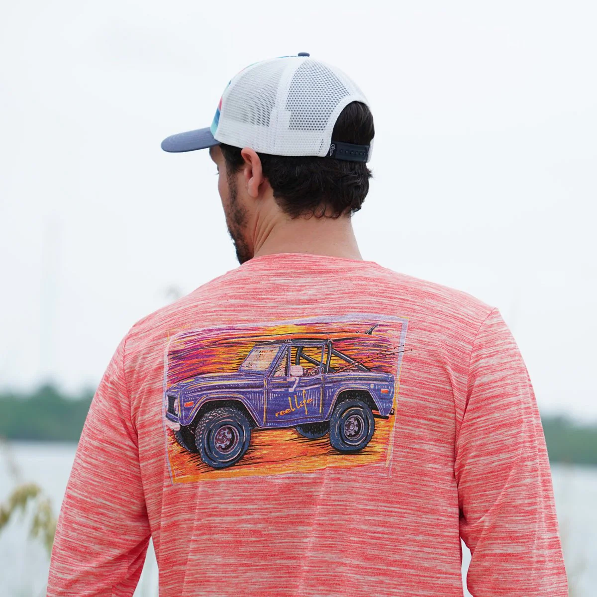 Reel Life Coastal Performance Beach Bound Bronco Long Sleeve Shirt- Spicy Orange - Image 4